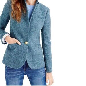J.Crew Campbell Blue Herringbone Tweed Moon Wool Blazer Gold Button Size 0p